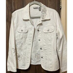 Chico's Platinum embroidered white denim jacket Size 2 (women’s 12-14)